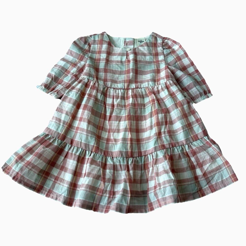 OshKosh Baby Girl 12M Dress w Bloomers Coral Plaid Tiered 100% Cotton NEW